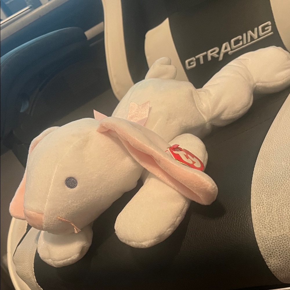 1997 Ty White Plush Bunny with Pink Trim